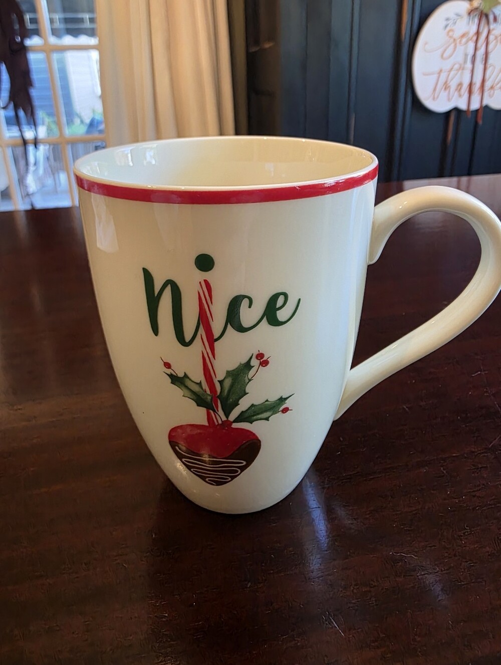 Lenox Cream Holiday Mug with Red Trim and Green Script